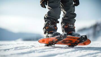 ai généré une fermer de une snowboarder pieds attaché dans leur planche photo