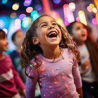 ai généré amusement et espiègle photo de des gamins dansant et en chantant le long de à leur préféré fête airs