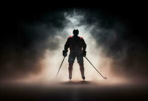 ai généré silhouette de une le hockey joueur silhouette est montré contre une bleu Contexte photo