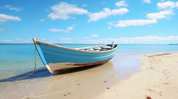 ai généré mer bateau à une plage avec bleu ciel en mouvement à travers il photo