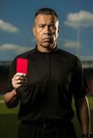 ai généré le autorité et gravité comme une Football arbitre révèle une rouge carte avec détermination photo