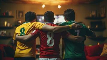 ai généré Trois Hommes sont en train de regarder une Football rencontre sur la télé portant maillots dans différent couleurs photo