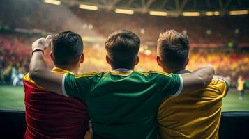 ai généré retour vue de Trois mexicain copains étreindre dans fête de une objectif dans une football rencontre photo