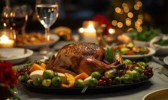 ai généré action de grâces dîner est étant servi sur une blanc assiette photo