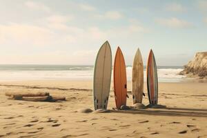 ai généré planches de surf doublé en haut dans de face de une bleu Roche photo