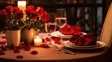 ai généré romantique dîner réglage avec rouge des roses et bougies photo