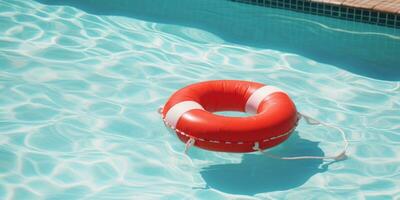 ai généré rouge gonflable nager bague flottant dans un bleu bassin photo