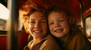 ai généré maman et fils sourire sur balade photo