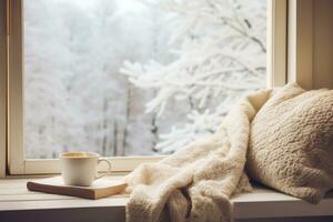 ai généré hiver esthétique matin, chaud tricots, livre, et une fenêtre vue de neigeux paysages photo