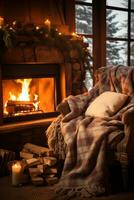 ai généré confortable hiver Contexte avec une crépitement cheminée, peluche couvertures photo