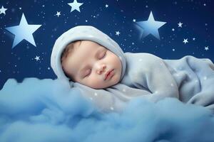 ai généré une en train de dormir bébé avec couvertures et étoiles sur une bleu Contexte photo