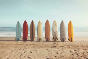 ai généré une rangée de planches de surf à le plage photo