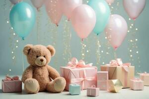 ai généré une marron ours est assis à le Haut de une table avec deux des ballons et nombreuses cadeau des boites photo