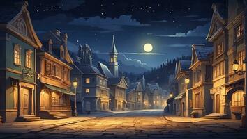 ai généré traditionnel ville et rue à nuit avec anime style, classique, rétro. vieux village dessin animé illustration photo