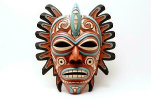 ai généré carnaval rouge masque pour le festival. aztèque traditionnel, cérémonial masque sur blanc Contexte. guerrier masque. tribal totem. parfait pour voyage, art, à thème culturel projet. Voyage souvenir. photo