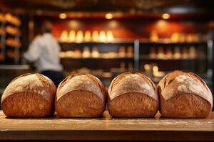 ai généré fraîchement cuit seigle pain pains soigneusement arrangé sur tableau, ensemble contre flou toile de fond de boutique ou boulangerie. avec copie espace. idéal pour nourriture Blog, publicité, boulangerie, café, supermarché. photo