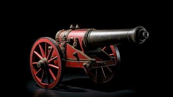 ai généré vieux artillerie canon sur en bois roues sur noir Contexte. un antique médiéval arme cette pousse des boulets de canon. mortier bombarder. ancien armes pour guerre. idéal pour historique ou militaire photo