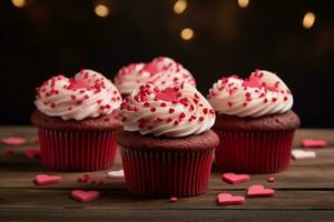 ai généré petits gâteaux avec décorations, avec crème fromage et Glaçage pour la Saint-Valentin journée. génératif ai photo