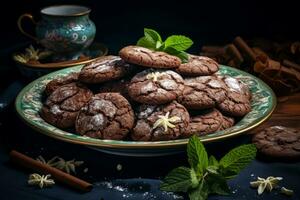 ai généré Frais fait maison Chocolat puce biscuits. Chocolat lutin biscuits. fait maison Pâtisserie. génératif ai photo