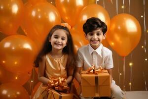 ai généré les enfants souriant avec cadeau des boites et des ballons sur le sol photo