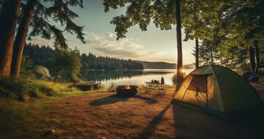 ai généré bord du lac loisirs. une pittoresque camping niché entre montagnes et en miroir des eaux photo