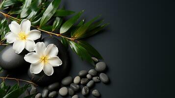 ai généré noir pierre cairn avec bambou et blanc fleur Roche Zen esthétique spa concept avec minimaliste composition sérénité dans la nature calmant atmosphère pour paisible bien-être Contexte photo