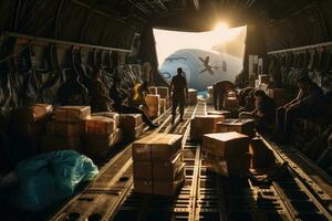 ai généré gens dans le aéroport, aide ouvriers déchargement médical Provisions de une cargaison avion dans une éloigné zone, ai généré photo