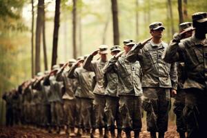 ai généré soldat avec soldats à militaire parade, américain soldats permanent dans formation et salut, ai généré photo