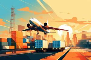 ai généré vecteur illustration de une ville avec une avion, air cargaison cargo logistique importer exportation des biens de cargaison mondial, processus de manutention, ai généré photo