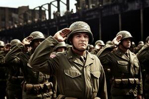 ai généré soldat dans militaire uniforme, américain soldats permanent dans formation et salut, ai généré photo