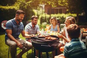 ai généré famille ayant barbecue dans jardin, américain famille et copains ayant une pique-nique barbecue gril dans le jardin, ai généré photo