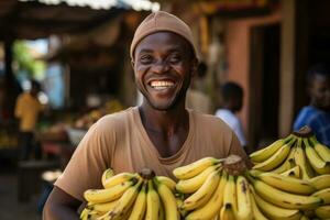 ai généré portrait de souriant africain homme en portant bouquet de bananes à marché, africain noir homme souriant vente bouquet de bananes dans fruit marché sur rue, ai généré photo