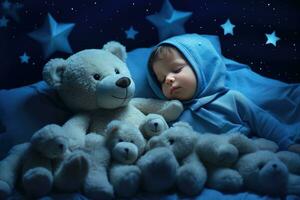 ai généré une bébé est en train de dormir dans le sien bleu couverture avec ours photo