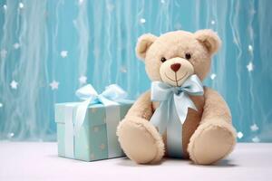 ai généré une ours est assis suivant à bleu cadeaux bébé photo