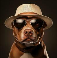 ai généré une fosse taureau chien portant des lunettes de soleil avec une chapeau photo
