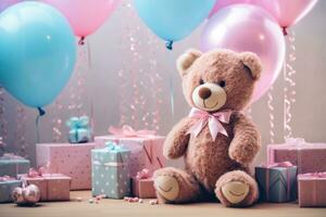 ai généré une marron ours est assis à le Haut de une table avec deux des ballons et nombreuses cadeau des boites photo