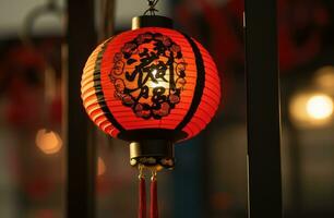 ai généré une chinois lanterne pendaison dans rouge lumière photo