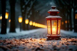 ai généré brûlant embrasé lanterne dans hiver neige magnifique hiver Contexte ai généré photo