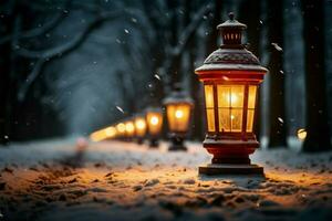 ai généré brûlant embrasé lanterne dans hiver neige magnifique hiver Contexte ai généré photo