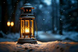 ai généré brûlant embrasé lanterne dans hiver neige magnifique hiver Contexte ai généré photo