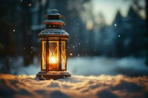 ai généré brûlant embrasé lanterne dans hiver neige magnifique hiver Contexte ai généré photo