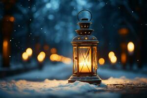 ai généré brûlant embrasé lanterne dans hiver neige magnifique hiver Contexte ai généré photo