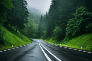 ai généré route dans brumeux forêt dans pluvieux journée dans printemps magnifique Montagne incurvé chaussée photo