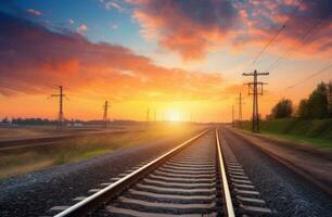 ai généré chemin de fer station contre magnifique ciel à le coucher du soleil industriel paysage avec chemin de fer photo