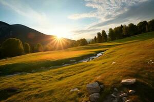 ai généré le coucher du soleil plus de un vallonné zone photo