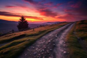 ai généré saleté chemin plus de le lever du soleil colline paysage photo