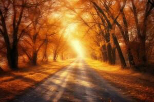 ai généré l'automne forêt avec pays route à le coucher du soleil coloré paysage avec des arbres rural route photo