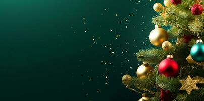 ai généré décoré avec ornements et lumières Noël arbre sur foncé vert Contexte photo