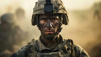 ai généré portrait de une soldat dans une guerre photo