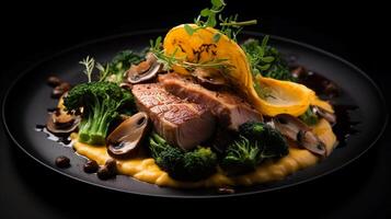 ai généré réalité foncé photo de une somptueux plat avec canard Sein et rôti citrouille purée, champignons et légumes verts